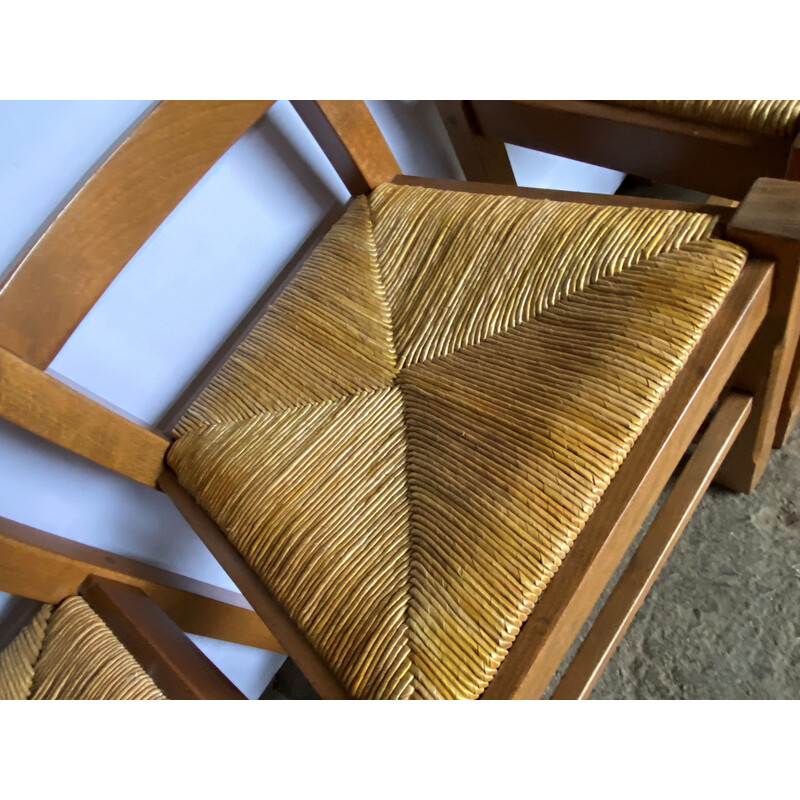 Set of 4 vintage rustic chairs in solid oak and straw seats, 1950