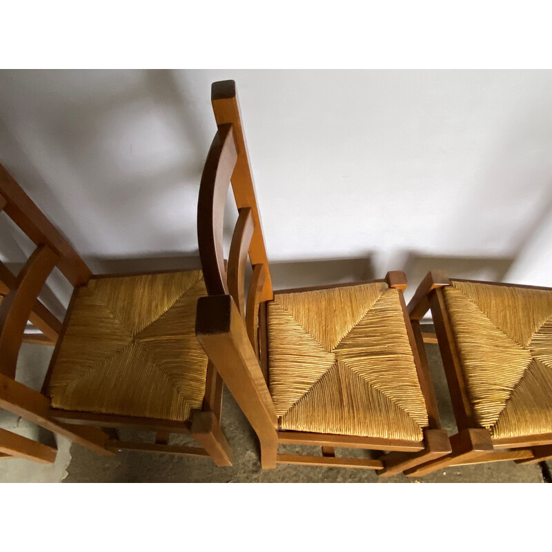 Set of 4 vintage rustic chairs in solid oak and straw seats, 1950