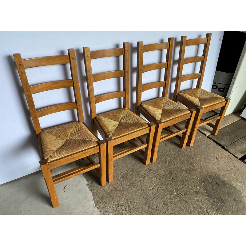 Conjunto de 4 cadeiras rústicas vintage em carvalho maciço com assento de palha, 1950