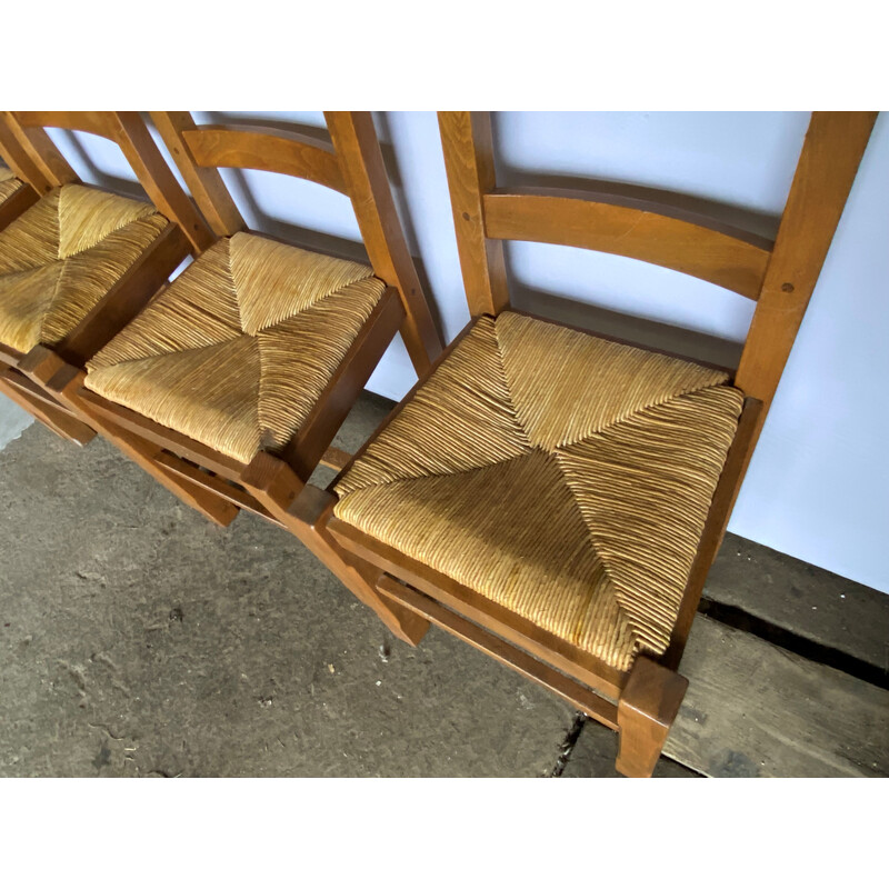 Conjunto de 4 cadeiras rústicas vintage em carvalho maciço com assento de palha, 1950