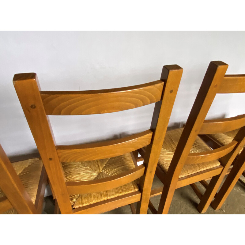 Lot de 4 chaises rustique vintage en chêne massif et assise en paille, 1950