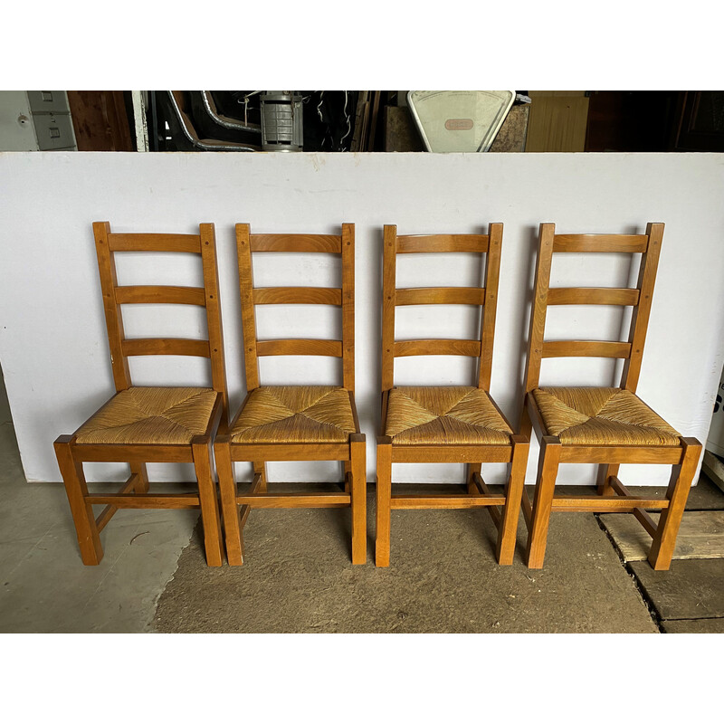 Set of 4 vintage rustic chairs in solid oak and straw seats, 1950