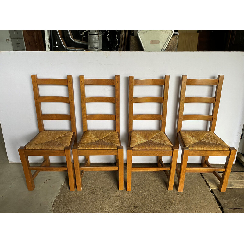 Set van 4 vintage rustieke stoelen in massief eiken met strozitting, 1950