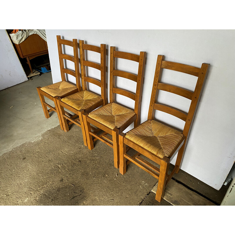 Lot de 4 chaises rustique vintage en chêne massif et assise en paille, 1950