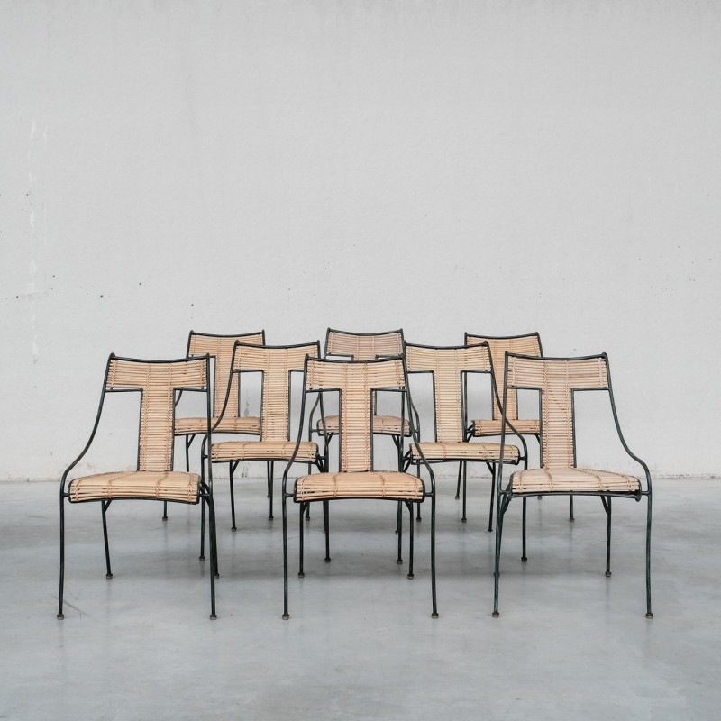 Conjunto de 8 cadeiras de jantar vintage de Lysberg Hansen e Therp em ferro e bambu, Dinamarca 1970