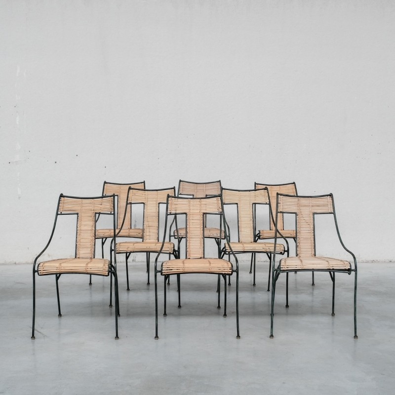 Ensemble de 8 chaises à repas vintage par Lysberg Hansen et Therp en fer et bambou, Danemark 1970