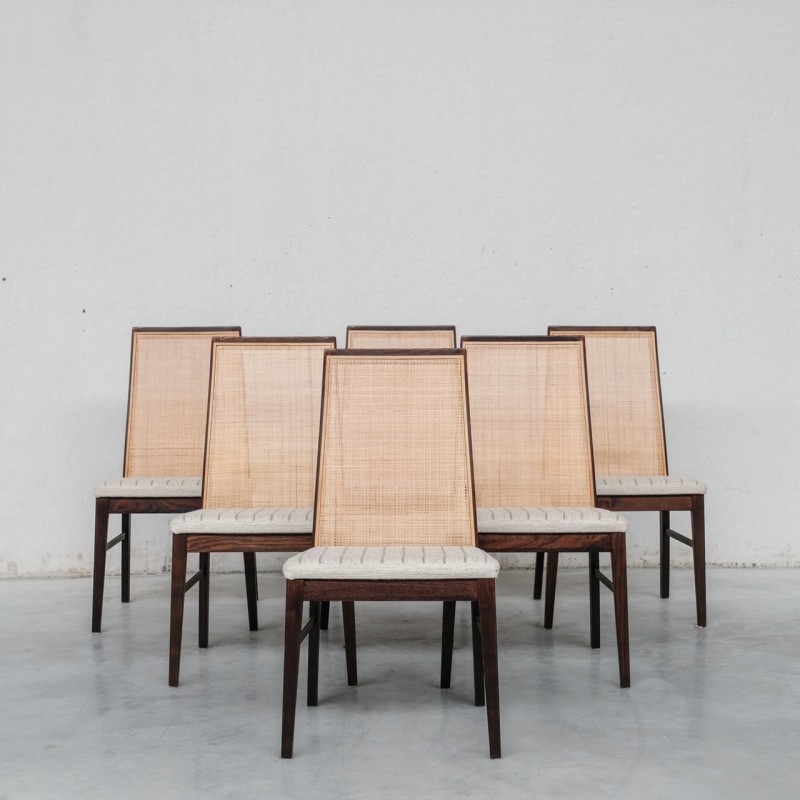 Lot de 6 chaises à repas vintage en rotin et frêne, Danemark 1980