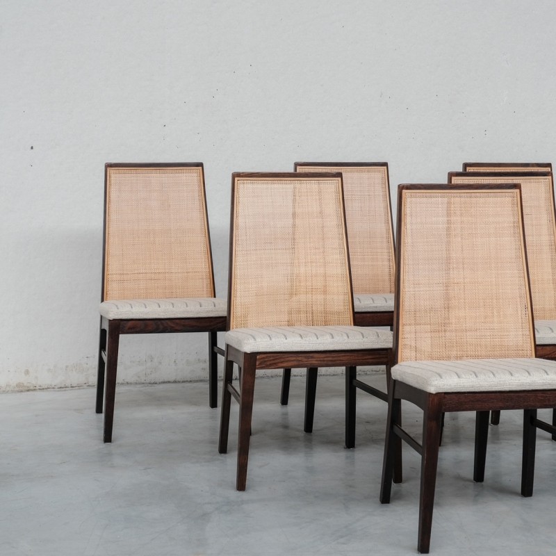Set of 6 vintage rattan and ash dining chairs, Denmark 1980