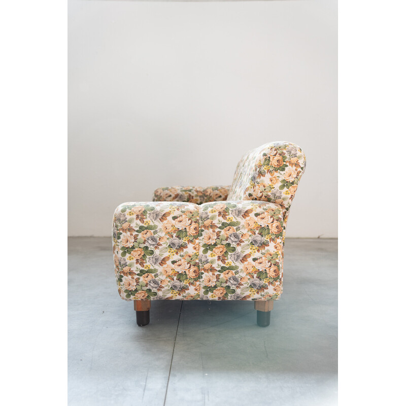 Vintage 2-seater sofa in wood and floral fabric, 1970