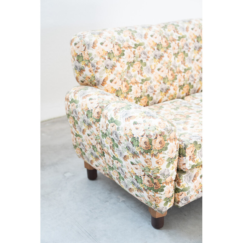 Vintage 2-seater sofa in wood and floral fabric, 1970