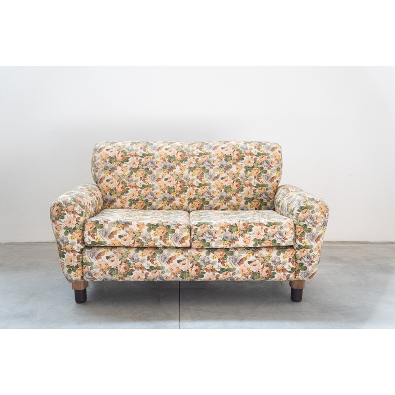 Vintage 2-seater sofa in wood and floral fabric, 1970