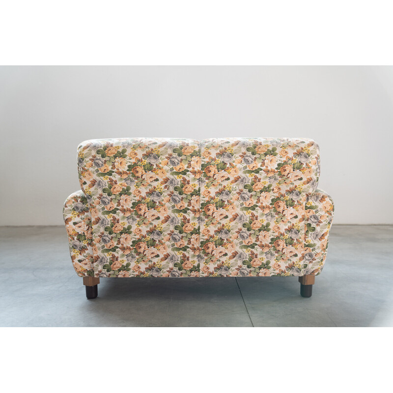 Vintage 2-seater sofa in wood and floral fabric, 1970