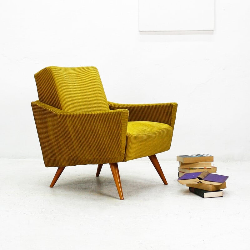 Golden mustard yellow corduroy club armchair - 1950s