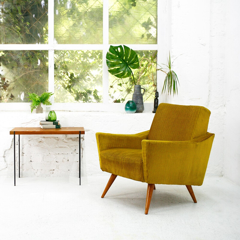 Golden mustard yellow corduroy club armchair - 1950s