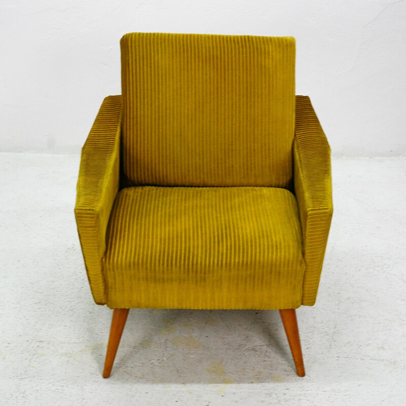 Golden mustard yellow corduroy club armchair - 1950s