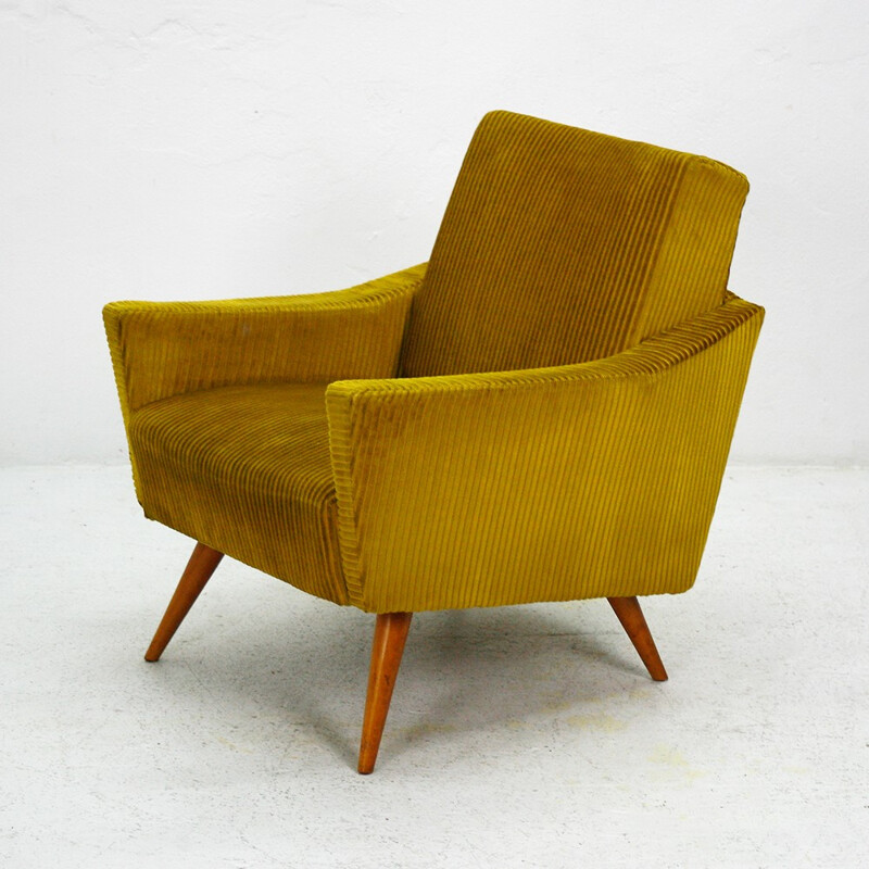 Golden mustard yellow corduroy club armchair - 1950s