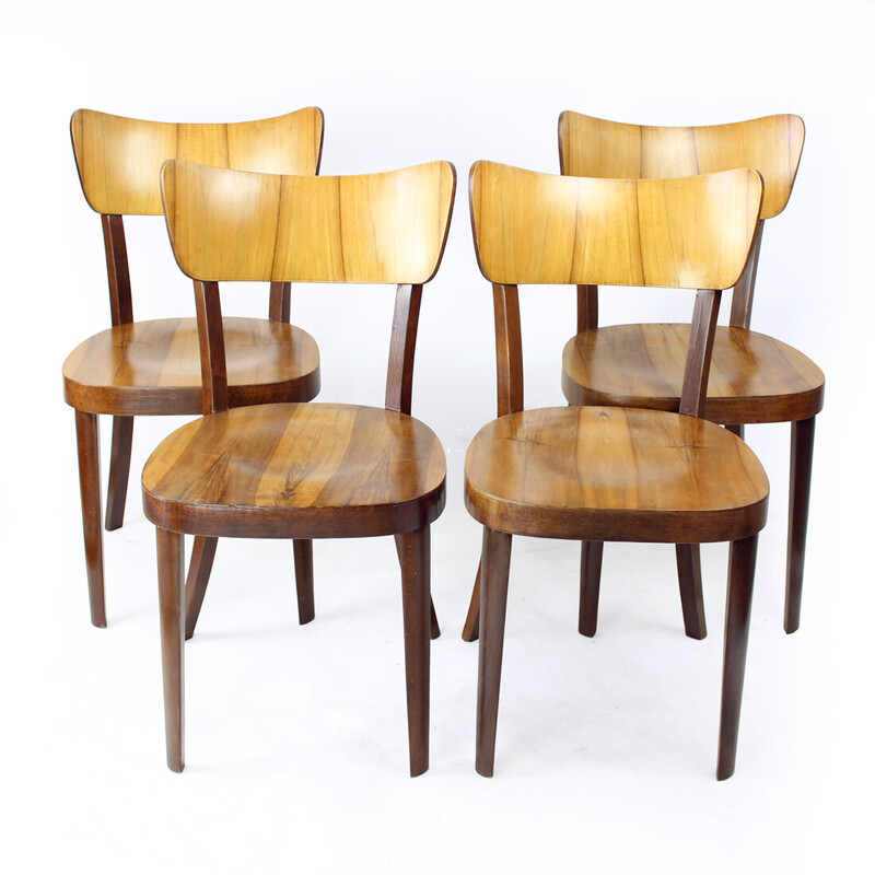 Ensemble de 4 chaises à repas vintage en bois de chêne et placage de noyer pour Tatra, Tchécoslovaquie 1960