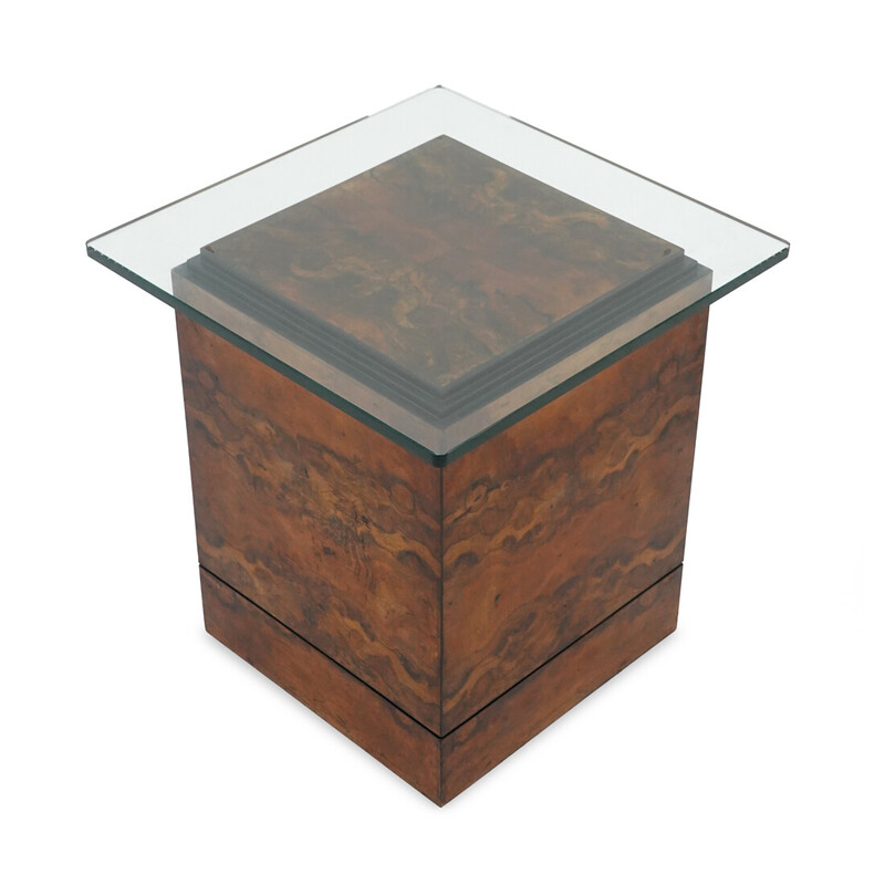 Vintage square coffee table in briar wood veneer and glass, Italy 1930