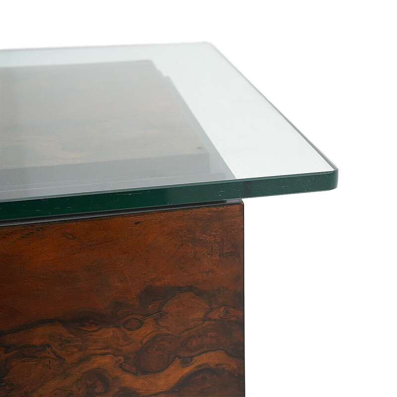 Vintage square coffee table in briar wood veneer and glass, Italy 1930