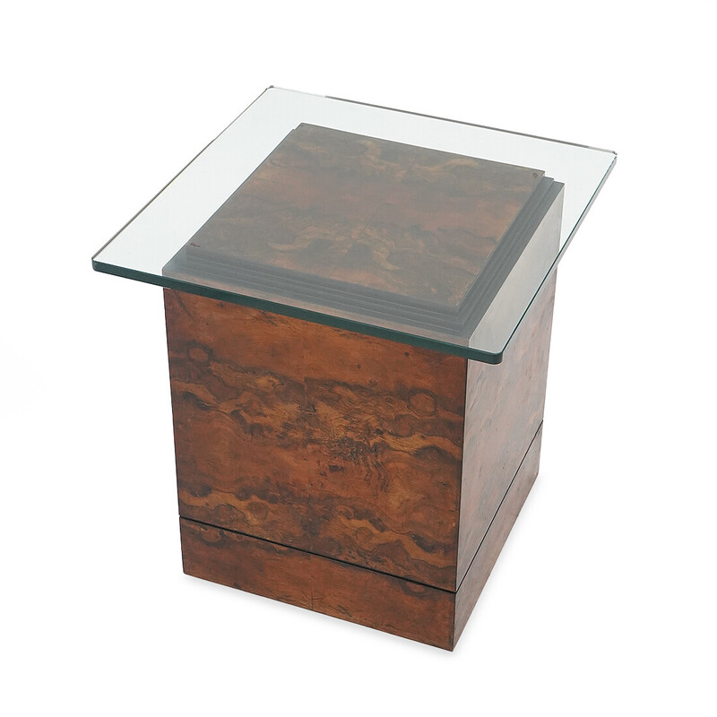 Vintage square coffee table in briar wood veneer and glass, Italy 1930