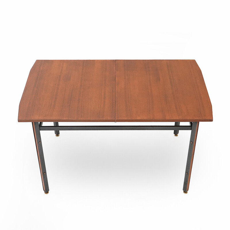 Vintage rectangular extendable teak and metal dining table, Italy 1960