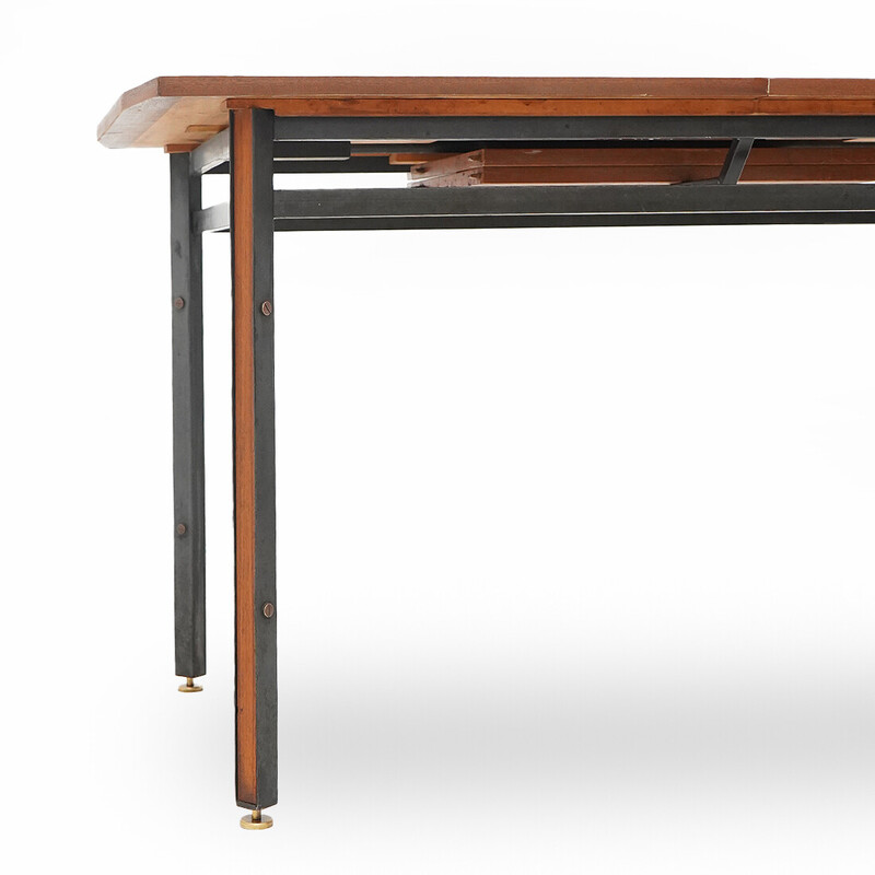 Vintage rectangular extendable teak and metal dining table, Italy 1960