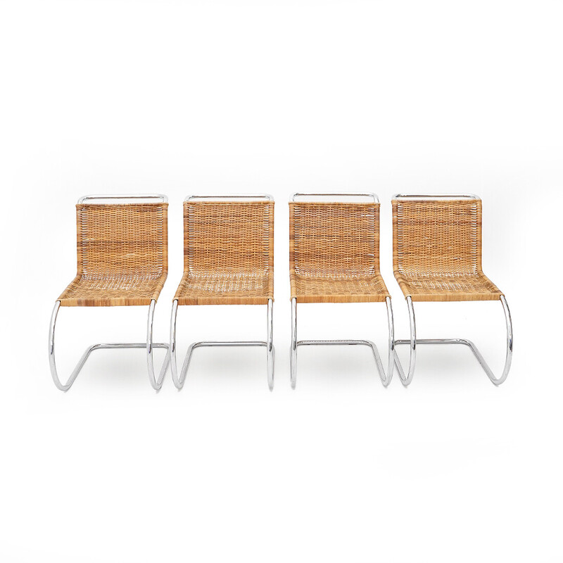 Set van 4 vintage MR10 stoelen in chroomstaal en gevlochten rotan van Mies Van der Rohe, Italië 1990