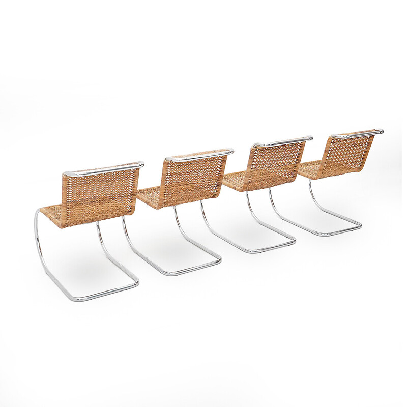 Set of 4 vintage MR10 chairs in chrome steel and woven rattan by Mies Van der Rohe, Italy 1990