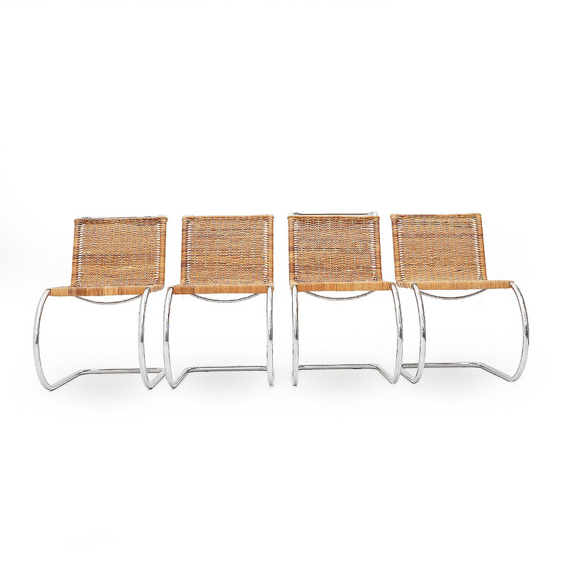 Set of 4 vintage MR10 chairs in chrome steel and woven rattan by Mies Van der Rohe, Italy 1990