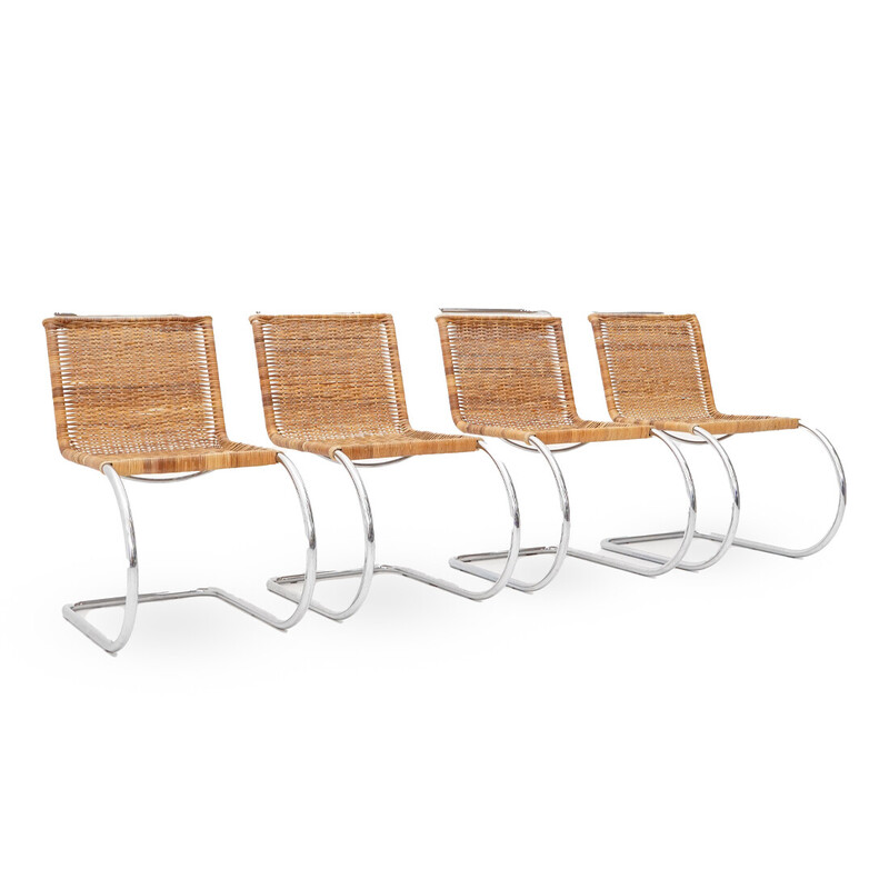 Set of 4 vintage MR10 chairs in chrome steel and woven rattan by Mies Van der Rohe, Italy 1990