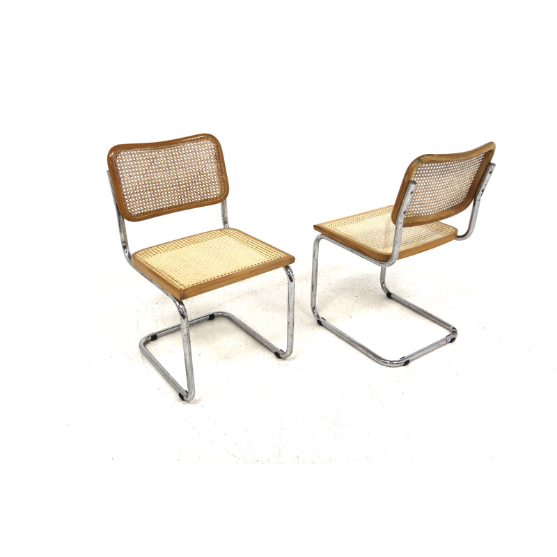 Pair of vintage "B32" chairs in beech and canework by Marcel Breuer, Italy 1990