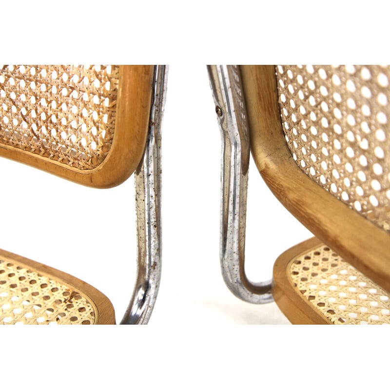 Pair of vintage "B32" chairs in beech and canework by Marcel Breuer, Italy 1990