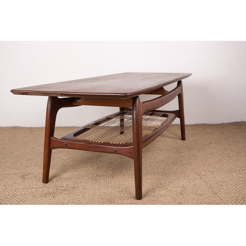 Table basse vintage en teck et rotin à 2 niveaux par Louis van Teeffelen pour WéBé, Pays-Bas 1960