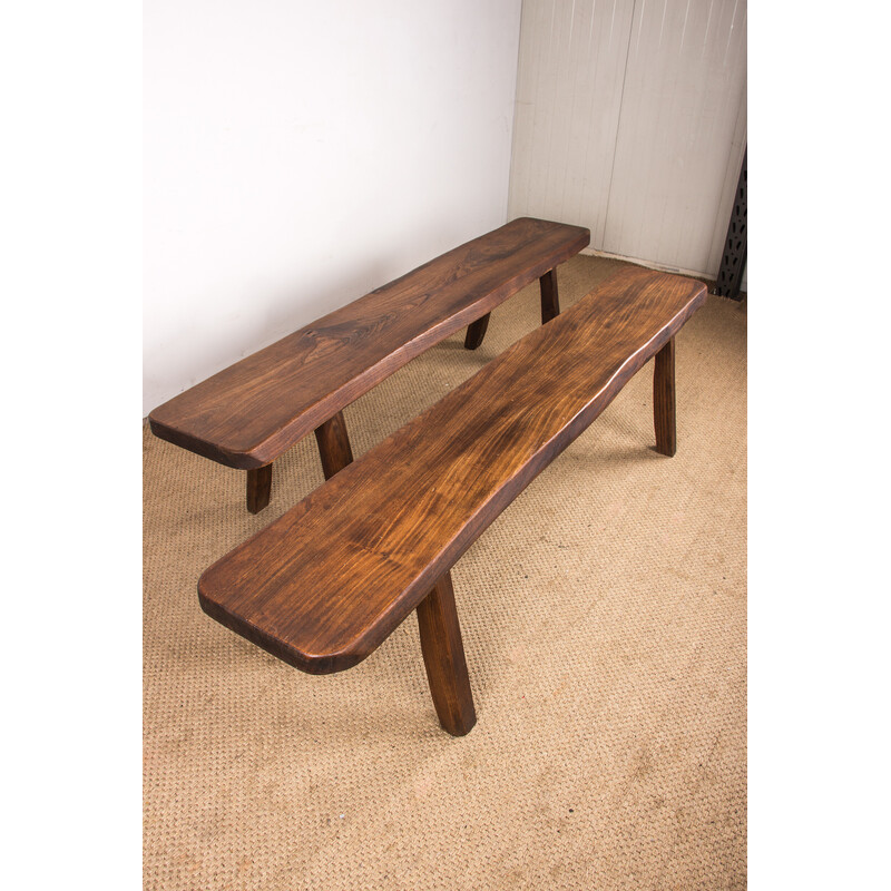 Pair of vintage benches in solid elm by Olavi Hanninen for Mikko Nuponen, 1960