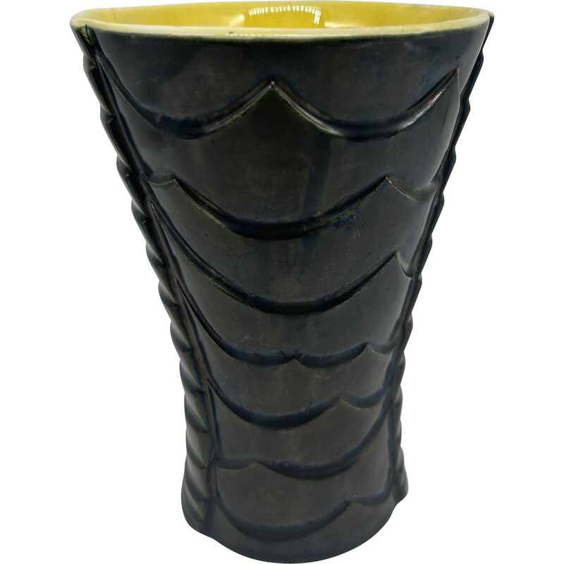 Jarrón vintage de cerámica negra con diseño gráfico, 1950