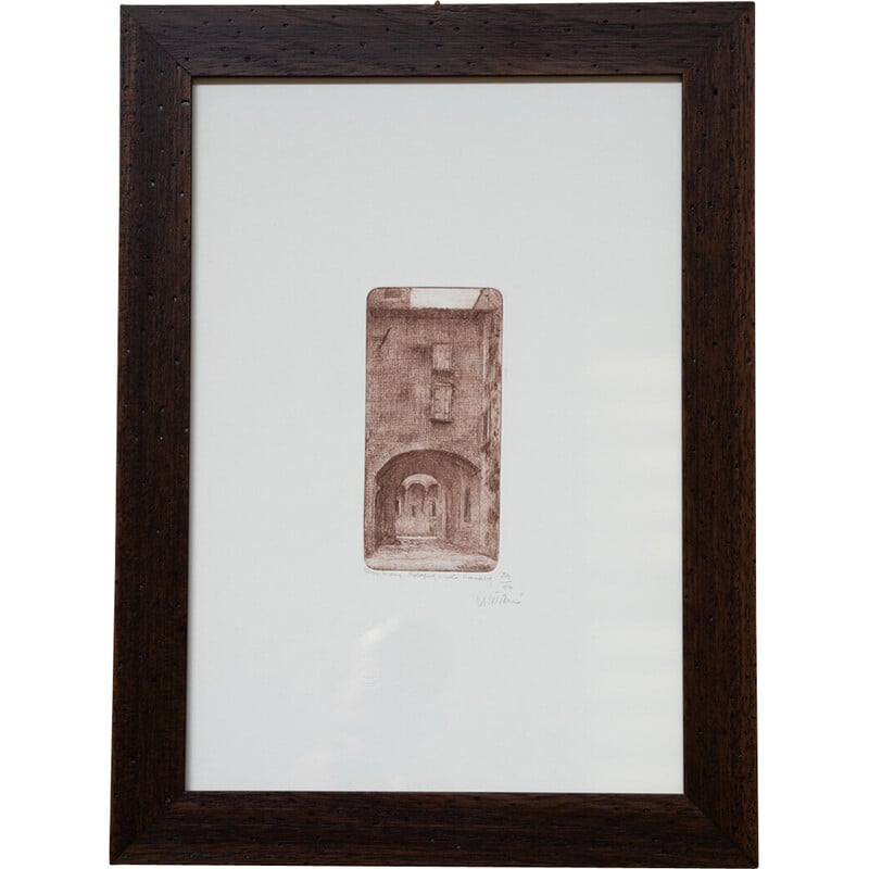 Vintage painting with ash frame and glass, 1980