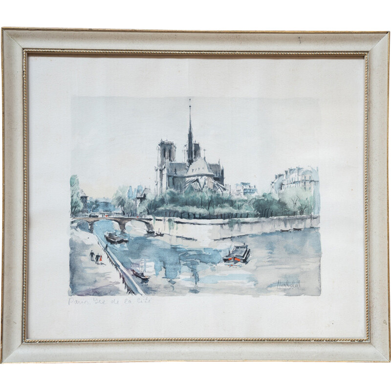 Vintage lithograph “Ile de la cite” in wood and glass, 1980