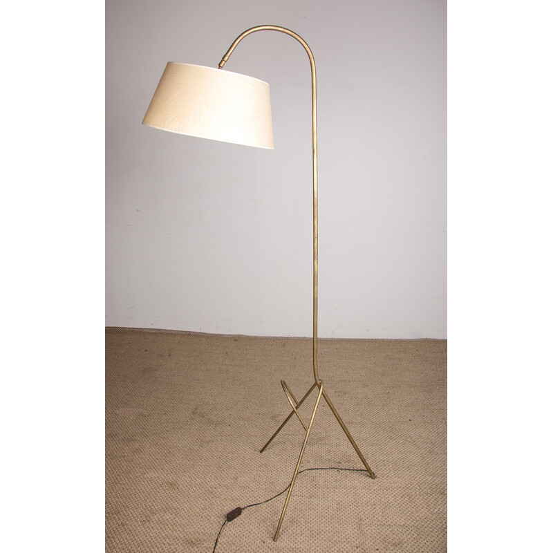 Vintage metal tripod floor lamp with integrated magazine rack and cardboard lampshade, France 1960