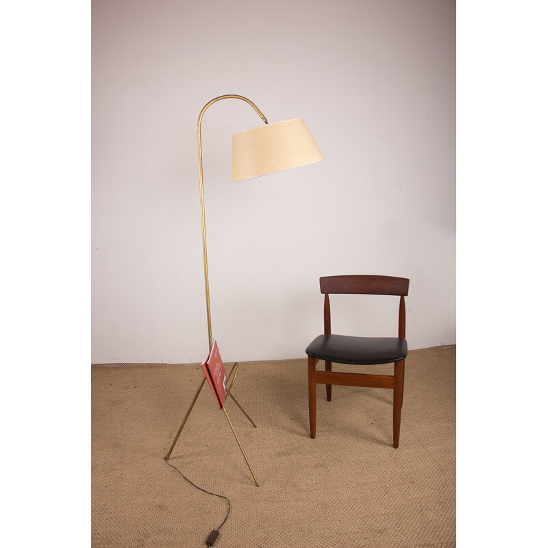 Vintage metal tripod floor lamp with integrated magazine rack and cardboard lampshade, France 1960