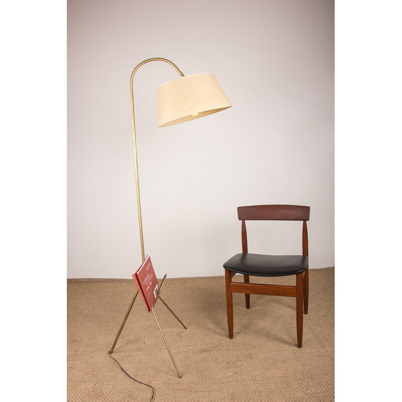 Vintage metal tripod floor lamp with integrated magazine rack and cardboard lampshade, France 1960