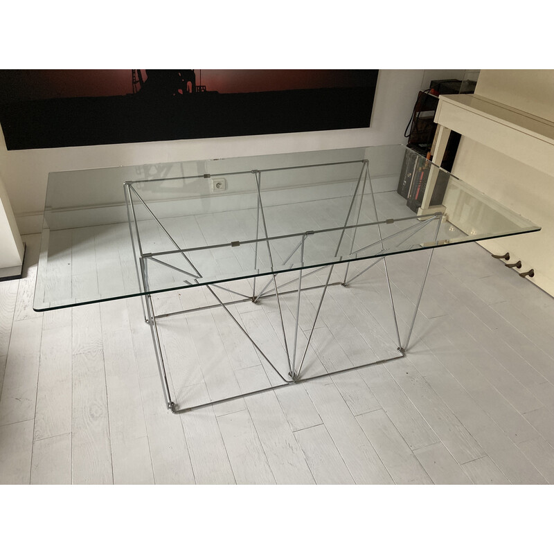 Vintage dining table in chrome steel and glass for Max Sauze Studio, France 1970