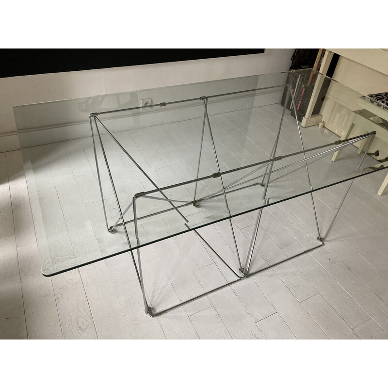 Vintage dining table in chrome steel and glass for Max Sauze Studio, France 1970