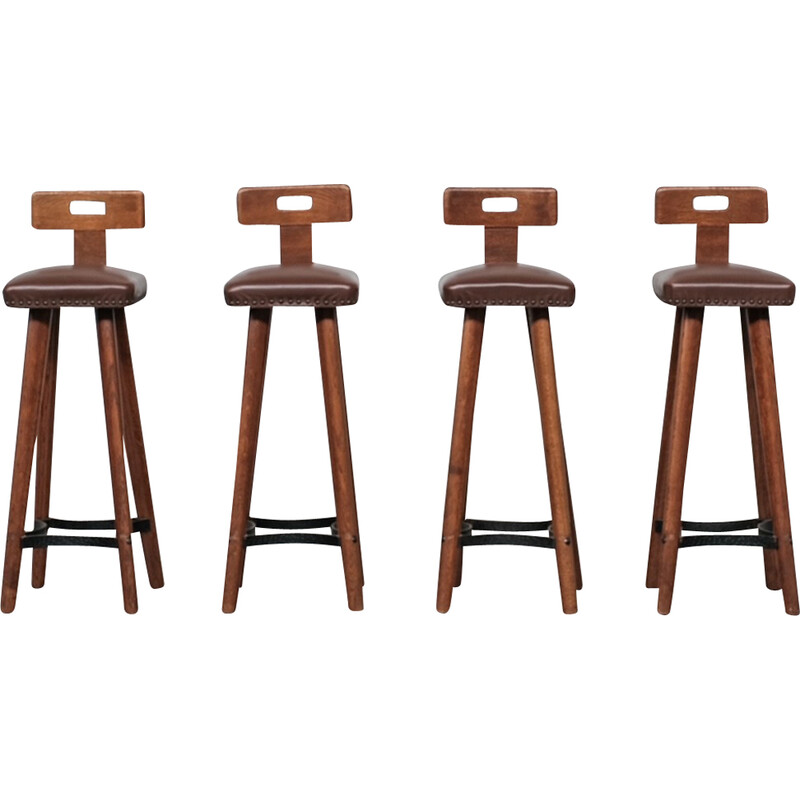 Set of 4 vintage oak and faux leather bar stools, Netherlands 1970