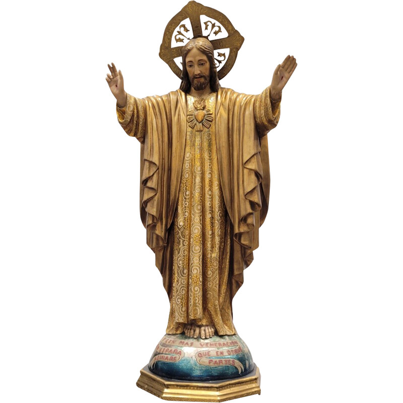 Vintage-Skulptur des Heiligsten Herzens Jesu in Holzmasse, Spanien