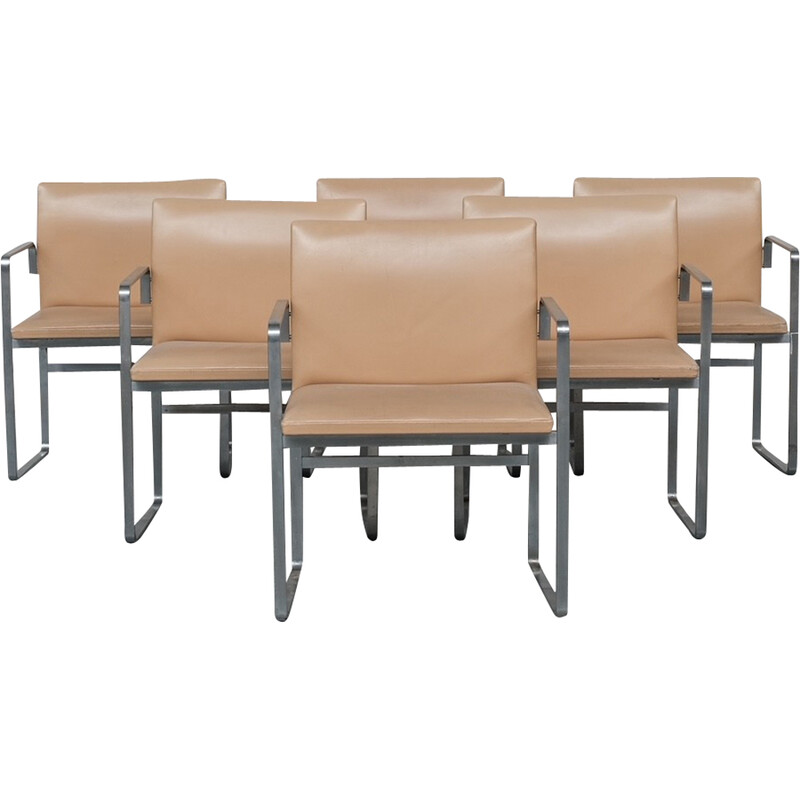Conjunto de 6 cadeiras de jantar vintage "JH811" em aço e couro de Hans J Wegner, Dinamarca 1950