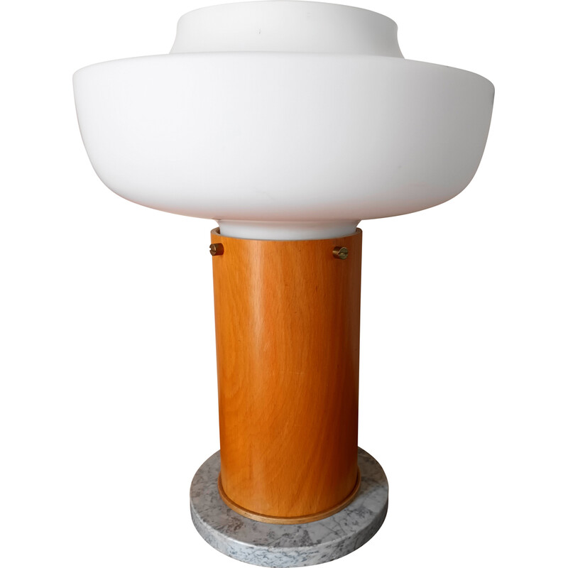 Lampe de bureau vintage en verre opalin et bois, 1970