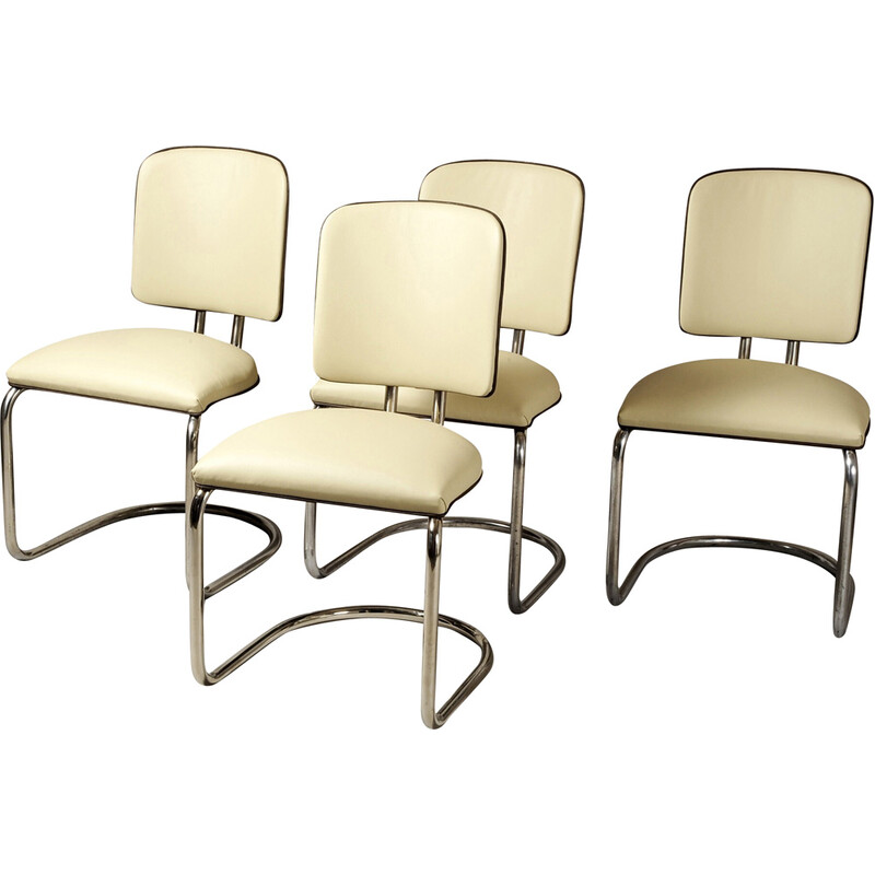 Set of 4 vintage Bauhaus leather armchairs for Thonet, Austria 1920