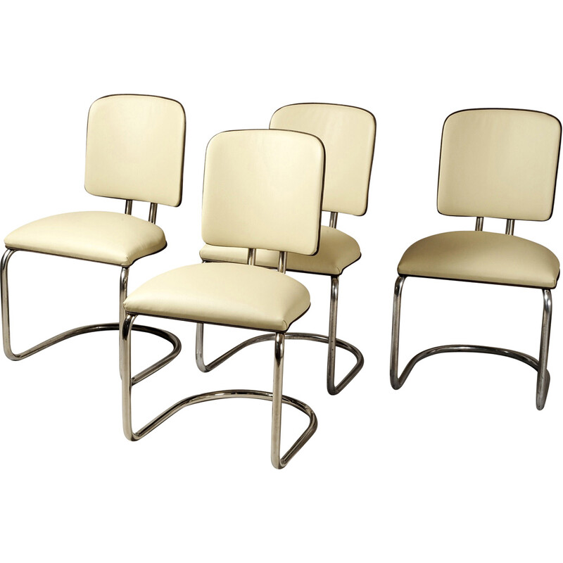 Set van 4 vintage Bauhaus leren fauteuils voor Thonet, Oostenrijk 1920
