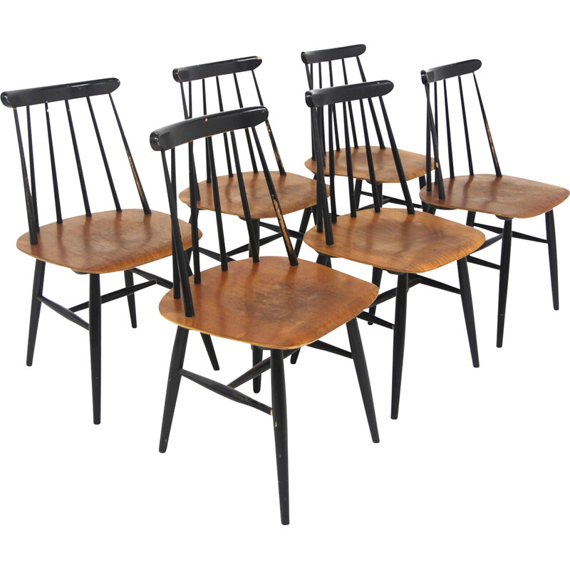 Set of 6 vintage "Fanett" teak chairs by Ilmari Tapiovaara for La Maison Edsbyverken, Sweden 1960