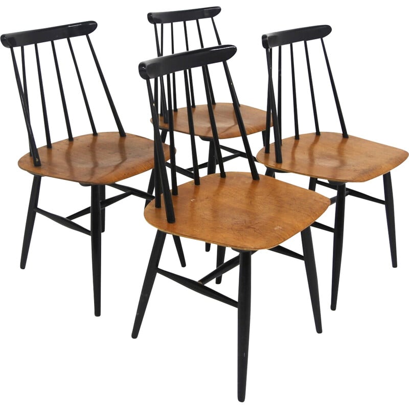 Set van 4 vintage teakhouten en beuken "Fanett" stoelen van Ilmari Tapiovaara voor Edsbyverken, Zweden 1960